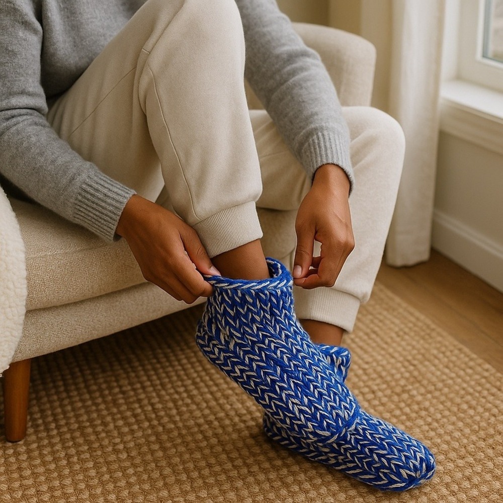 Hand Crafted House Slippers Women Crochet Ballet Blue White Size 7-9